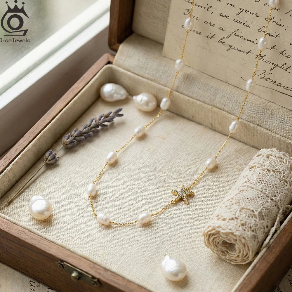 

ORSA JEWELS Natural Pearl Choker Necklace Fashion 925 Sterling Silver Starfish 4A Zircon Necklace for Women Party Jewelry BQN06