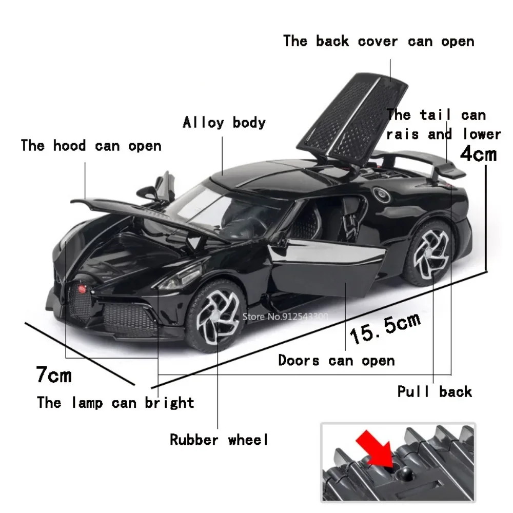 1:32 Scale Bugatti La Voiture Toy Model Car Metal Alloy Diecast Pull Back Music Light Car Model Boys Miniature Collection Gifts