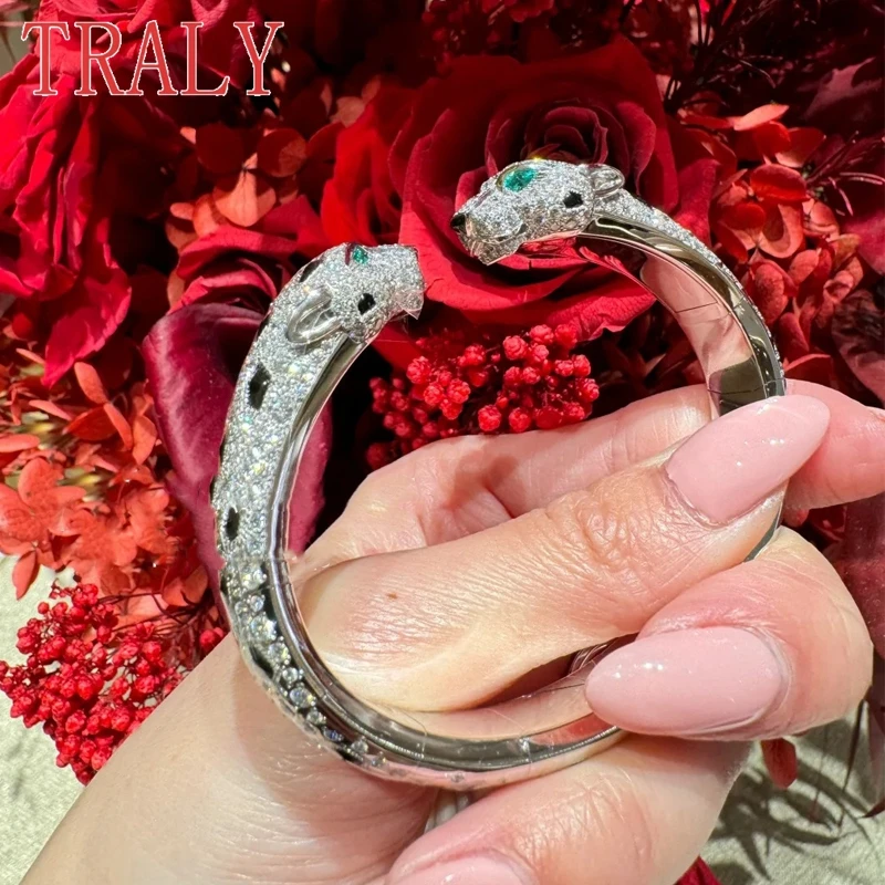 

925 Sterling Silver Double Leopard Head Bracelet for Women and Men Inlay Full Diamonds Luxury Spotted Bangle Jewelry Party Gifts