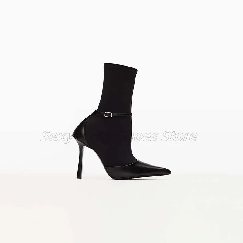 

High Heel Short Boots Women's Thin Heel Pointed 2024 New European and American Spliced Elastic Slim Boots, Socks and Boots