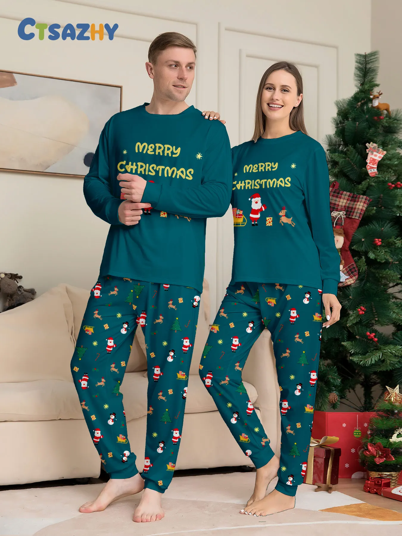 Family Christmas Pajamas Matching Parent-child Sleepwear Green Long Sleeve Santa Print Homewear Xmas Gift Men Women Kids view 4