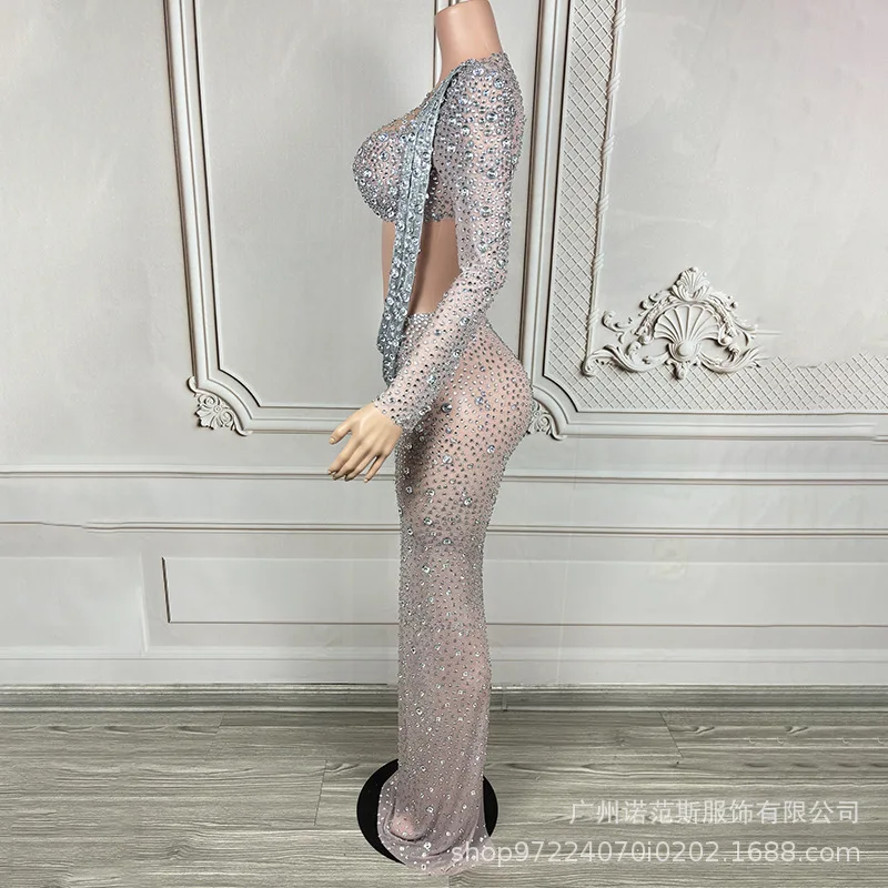 High-end Silver Nude Rhinestone Women's High-end Dress Adult Model Catwalk Trendy Clothing Company Annual Meeting Evening Dress
