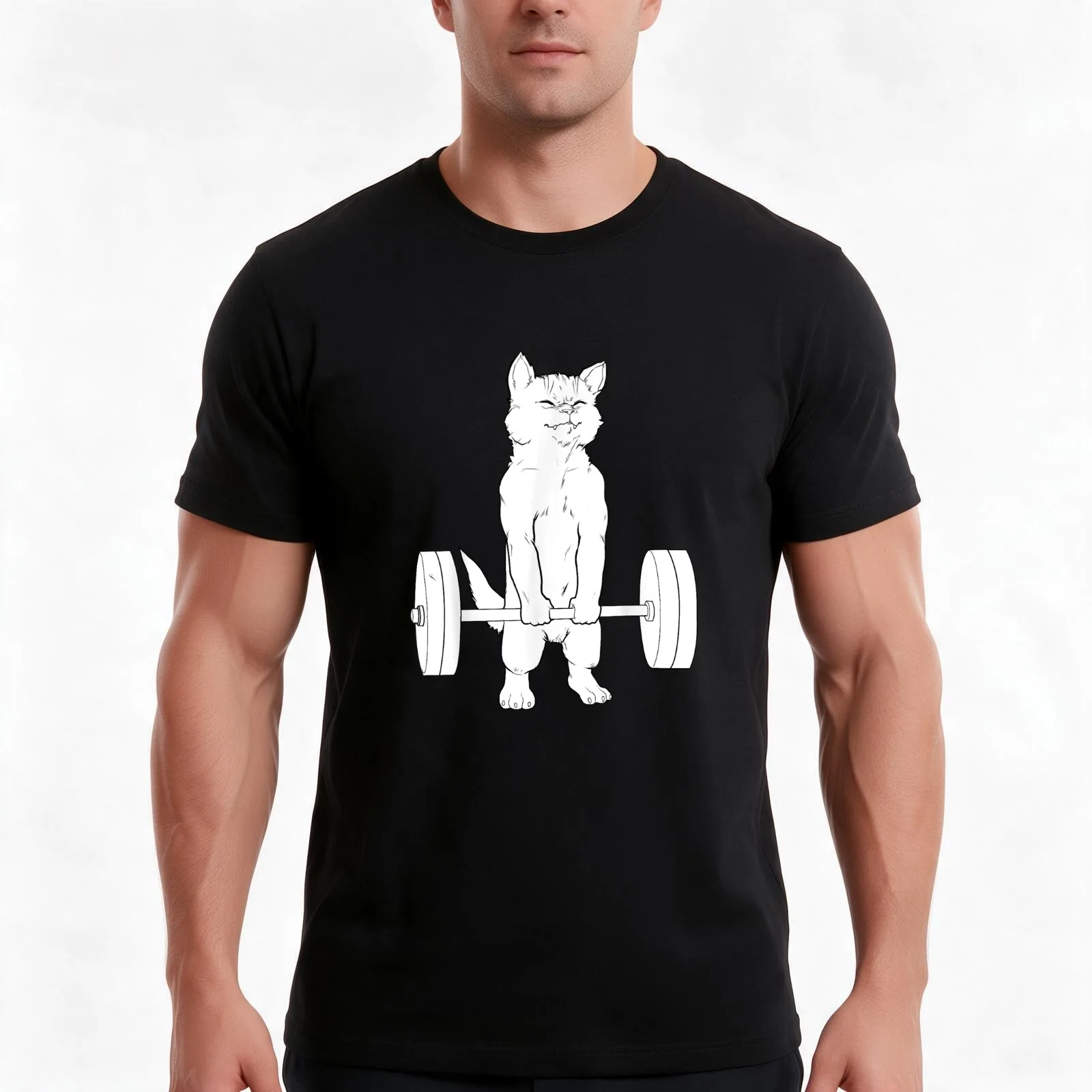 Cat Deadlift Powerlifting T-Shirt, Summer Casual Cotton Tee, Oversized Streetwear Tops, Vintage Graphic Print, Unisex Men Women