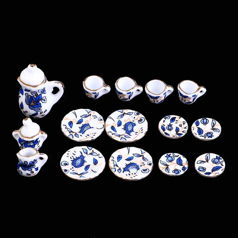 Vajilla en miniatura para casa de muñecas, juego de tazas de té de cerámica y porcelana, 15 piezas, 1:12