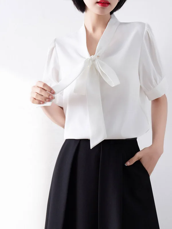 

Лето 2026 Белая шифоновая блузка с коротким рукавом для женщин, для студенческих собеседований, повседневная, тонкая, в корейском стиле, свободного кроя