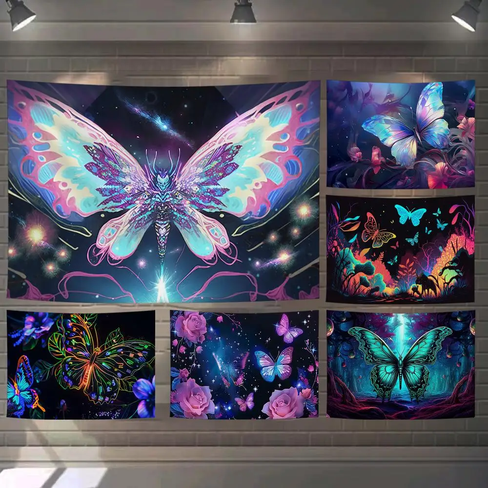 Neon Butterfly Pattern Tapestry Custom Living Bedroom Party Dormitory Interior Wall Bohemian Decoration Attached Clip