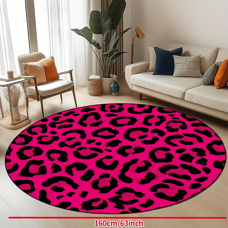 Hot Pink Black Leopard Print Round Rug, Trendy Animal Skin Pattern Floor Mat for Sofa Bedroom Dressing Room Bar Indoor Decor