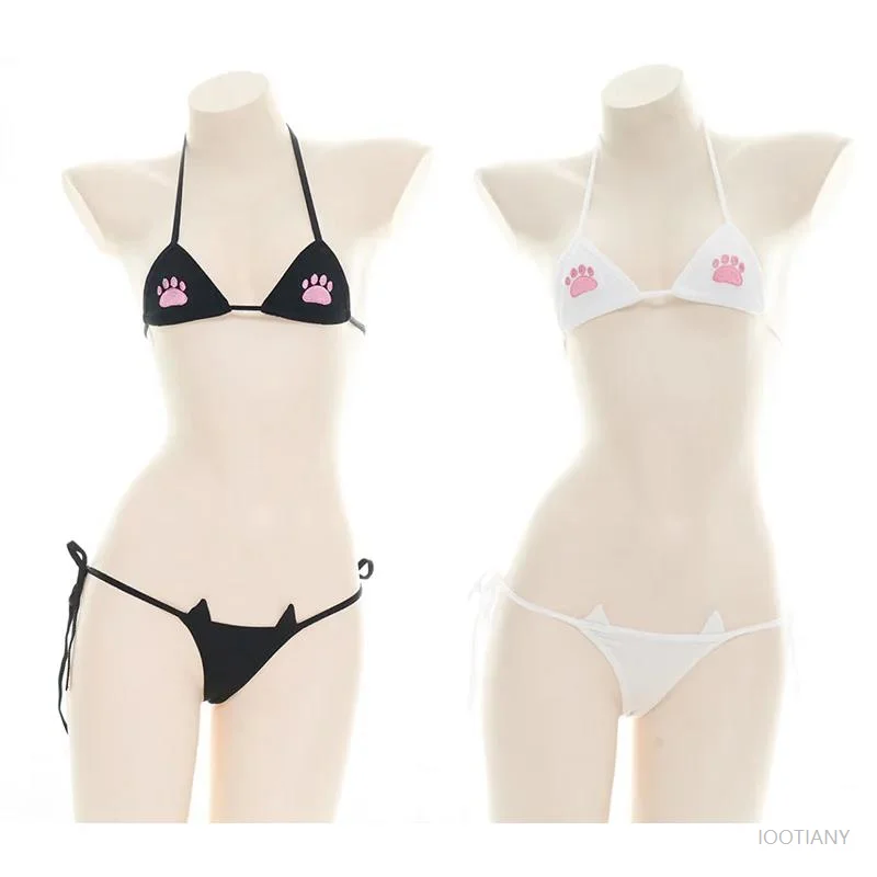 

Cat's Paw Sexy Women Underwear Lolita Kawaii Striped Mini Bikini Adult Cosplay Sexy Costume Anime Black White Bra Underwear Set