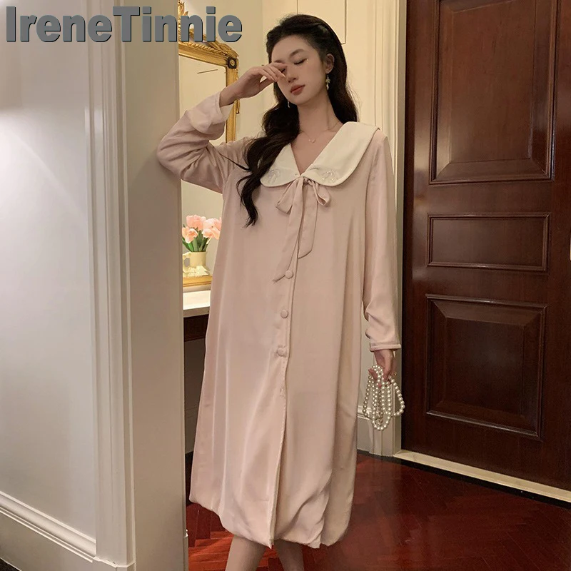 

IRENE TINNIE New Sweet Princess Style Long Winter Pajamas Cute Pink Nightdress Doll Collar Pajamas Thickening Warm Home Clothes