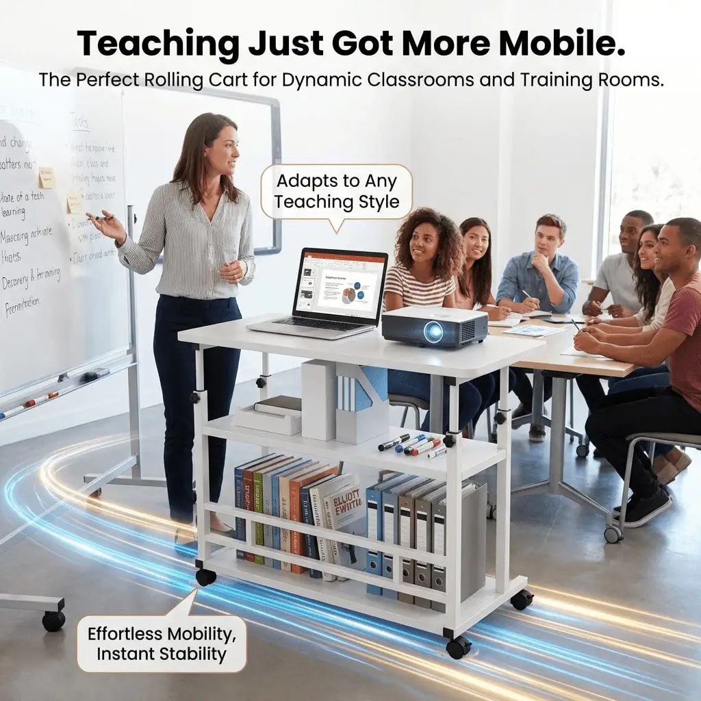 This Three-Tier Metal Folding Desk Features Casters And A Storage Rack. The Height-Adjustable Desktop Is Expandable. It's A Portable Computer Desk/Study Desk Suitable For Studies