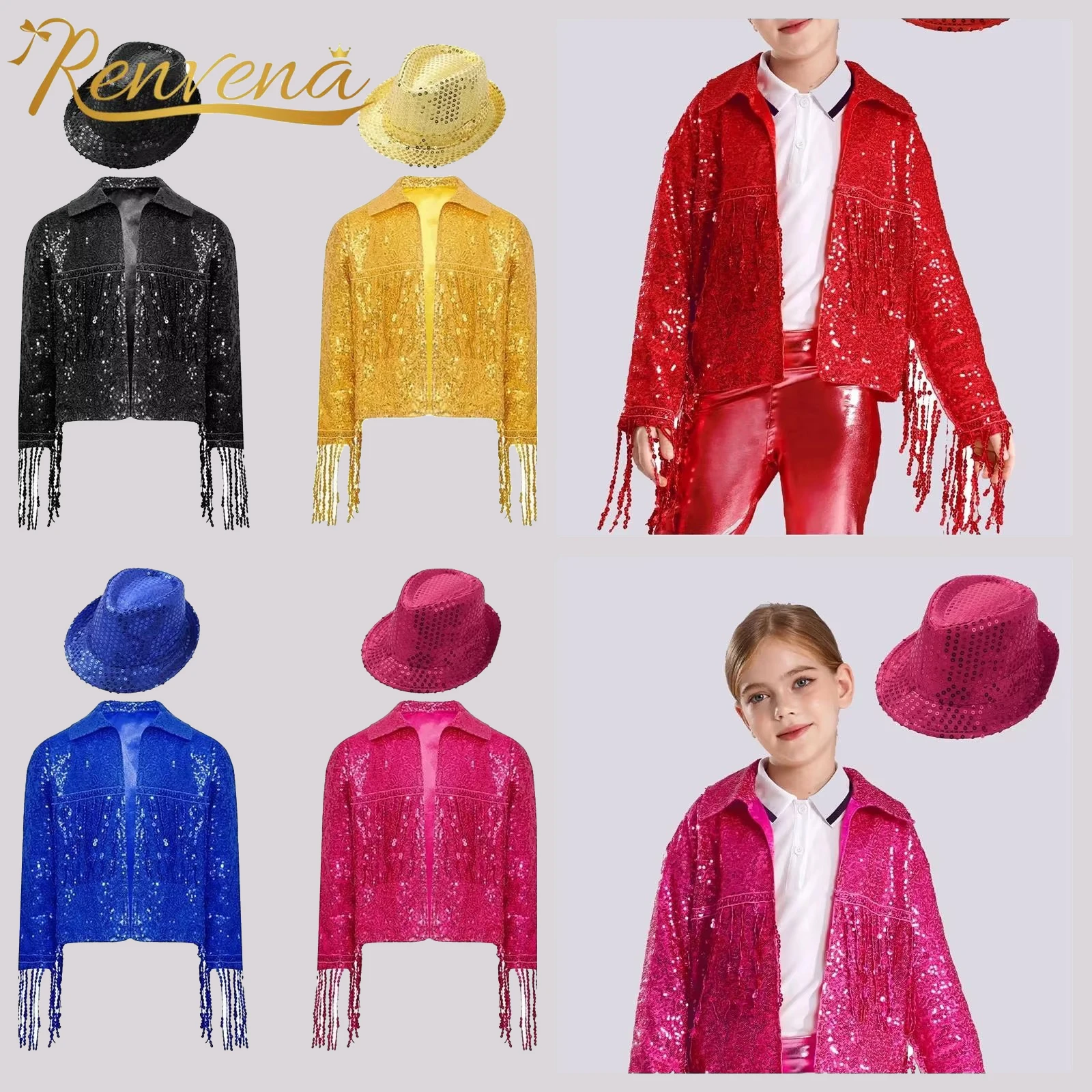 

Kids Girl Magician Sequin Tassel Jacket Coat Outwear with Hat Jazz Dance Performance Costume Magic Show Streetwear Party Outfit