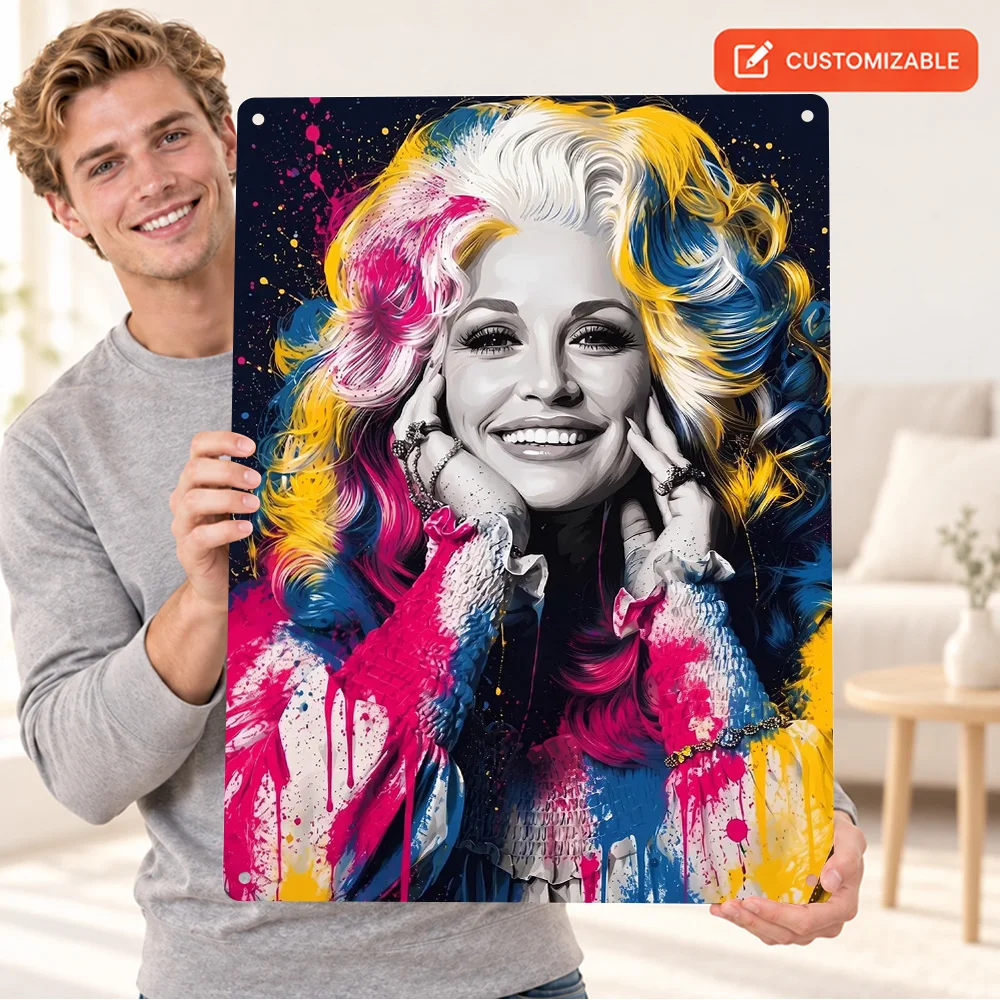 Affiche en métal texturé représentant un portrait de Dolly Parton, panneau en aluminium personnalisé, art mural avec motif de projections de peinture, idéal pour une boutique de disques, un concert ou comme cadeau pour un fan.