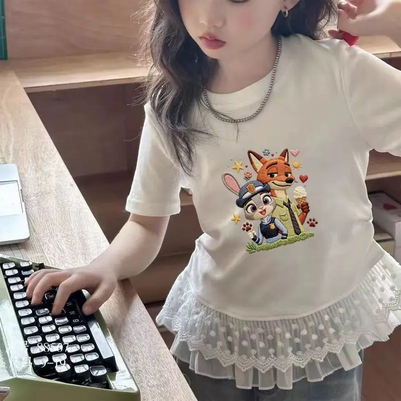 

Crazy Animal Rabbit Fox Spring Summer Small and Medium Girls Lace Hem Pure Cotton Short-sleeved Children's Crew Neck T-shirt