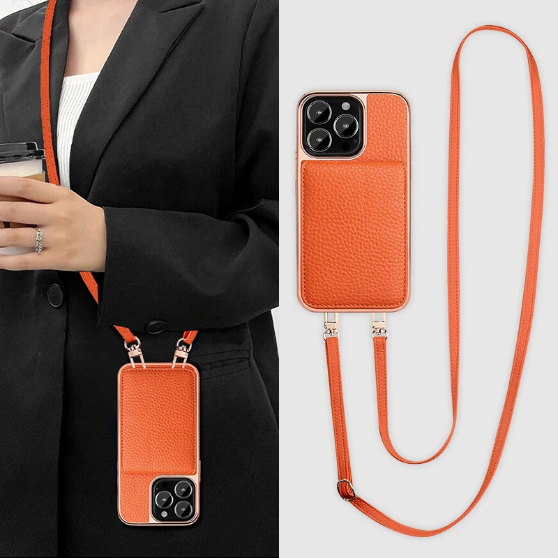 Vietao-Orange Leather Crossbody Phone Case, Flip Card Holder, Phone Case for iPhone 14, 13 Pro Max, 14Plus