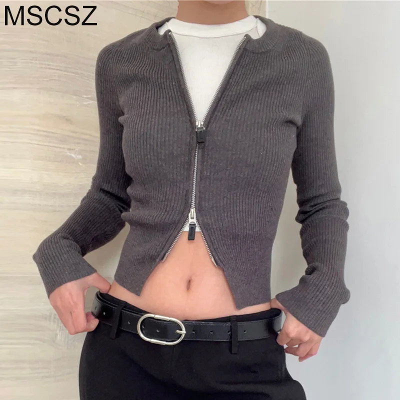 

MSCSZ O-Neck Long Sleeve Cropped Cardigan Women Ribbed Knitted Zipper Cardigans Fashion Solid Autumn Sweater Coat Outerwears