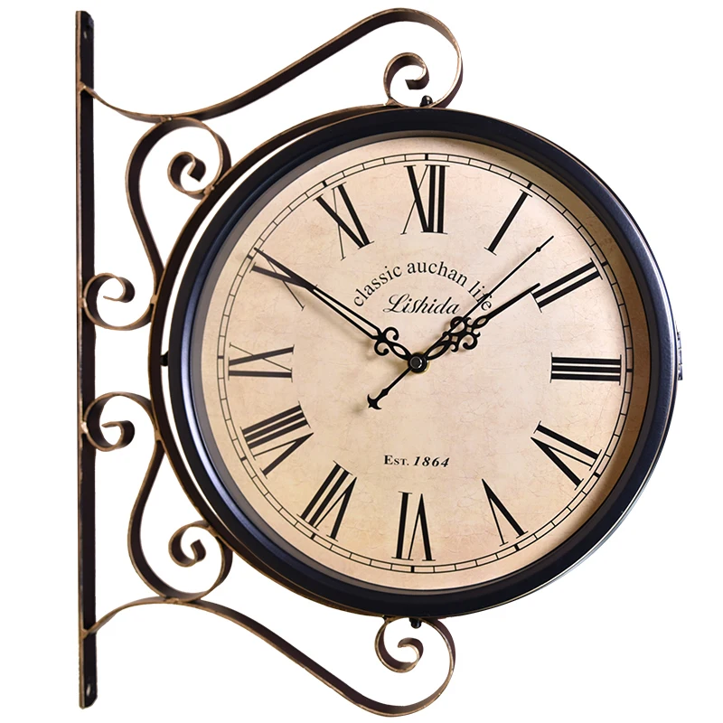 

The product can be customized.European retro double-sided clock wall clock living room quiet decoration American art