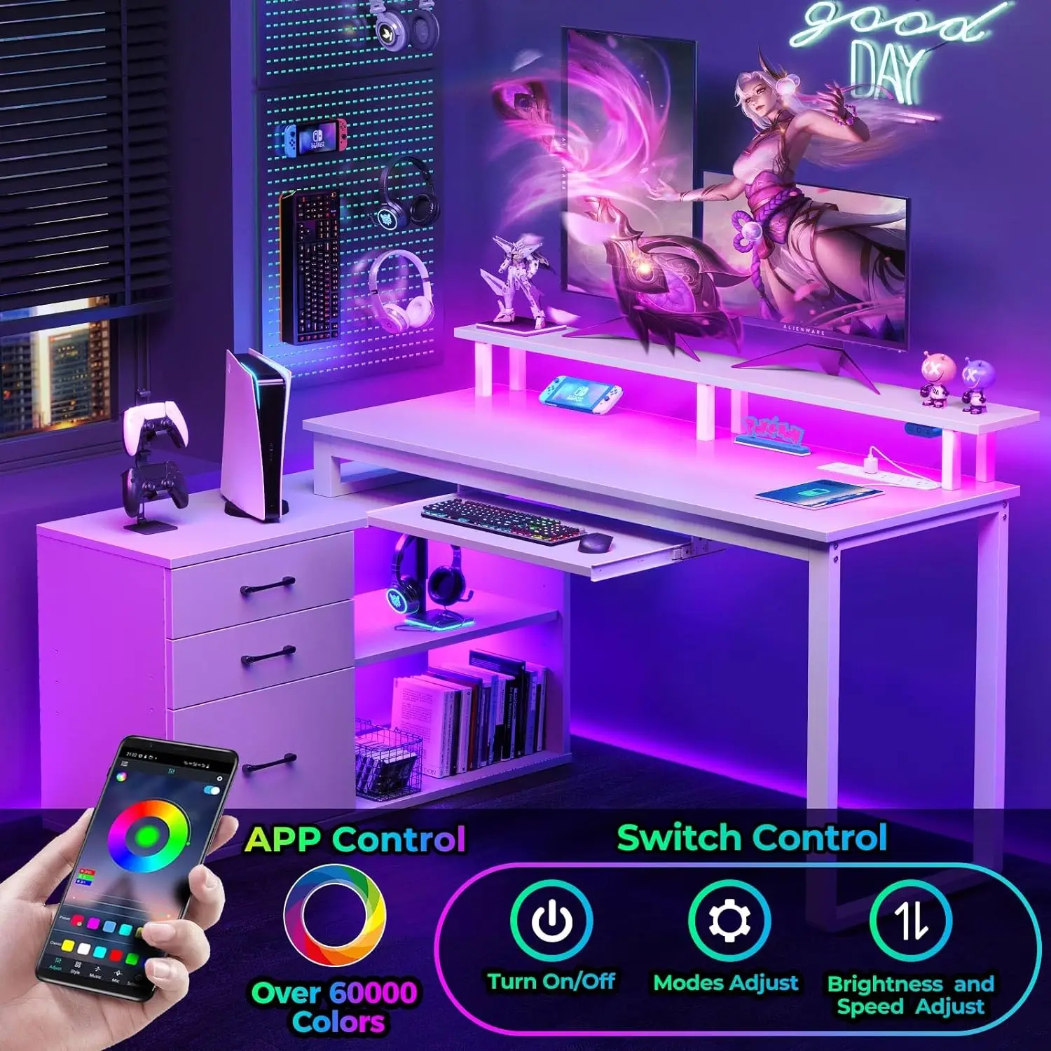 Computer Desk With Drawers And Power Outlet, White Reversible L Shaped Desk With LED Strip & Keyboard Tray, 55 Inch Ho