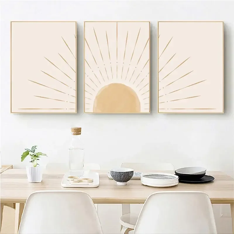 Boho Wall Art Yellow Sun Rising on the Horizon Geometric Nature Illustrations Line Art Wall Mid Century Modern Posters and Print