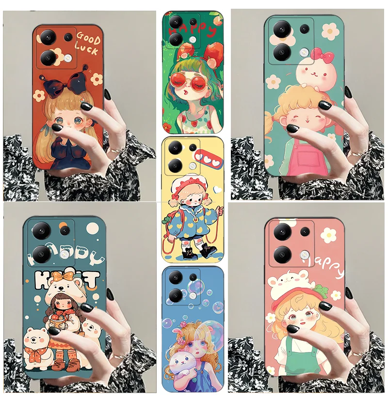 For Redmi 10 9 1 2 PLUS K70E 11 A X CNFC 3 4 5 G Prime 12 13 TPU Black Soft Phone Case Girl Cartoon Series Silicone Cover mi