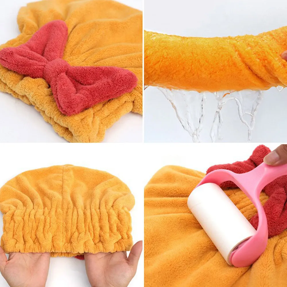 Coral Velvet Hair Drying Towels Super Absorbent Turban Hair Towel Cap Quick Dry Head Wrap with Bow-Knot Shower Cap for Wet Hair