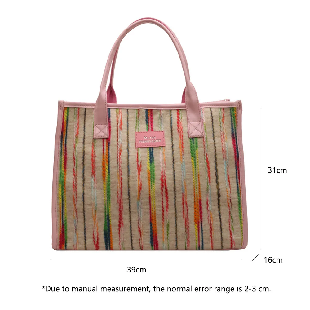 Rainbow Striped Canvas Totes for Women French Style Large Capacity Commuter Shoulder Tote Bags Casual Shopper Handbags