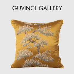 GUVINCI Japanese Art Pine Tree Pattern Jacquard Throw Pillowcase Luxury Gold Silk Satin Accent Cushion Cover For Patio Courtyard