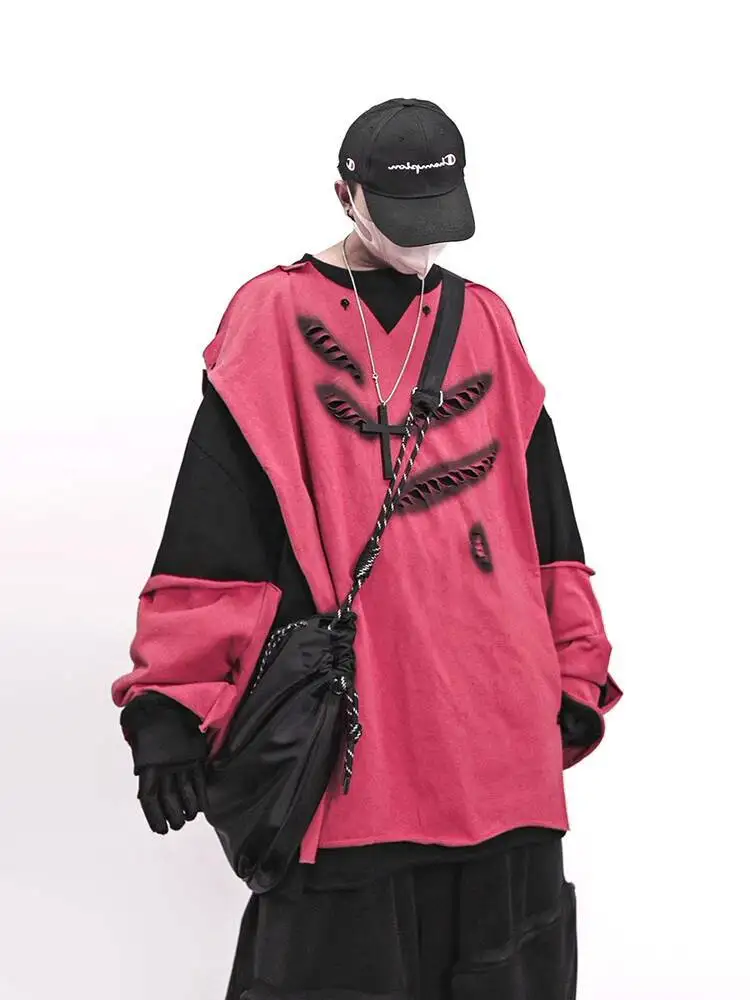 Man Sweatshirt 2025 Autumn Hip Hop Style Distressed Patchwork Crewneck Sweatshirt Retro Vintage Loose