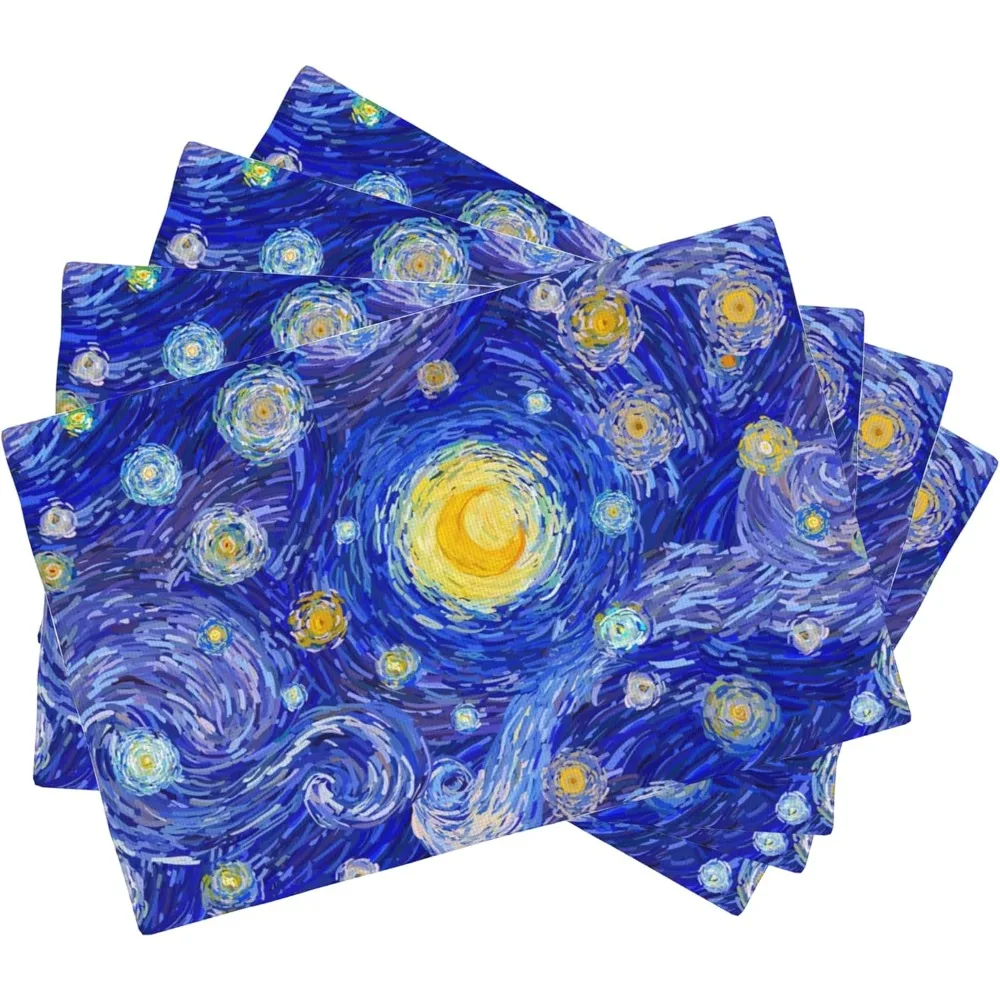 Starry Night Placemats Set Of 4, Blue Sky 12x18 Inch Non-Slip Washable Heat Resistant Linen Fabric Table Mats,Place Mats For Hol