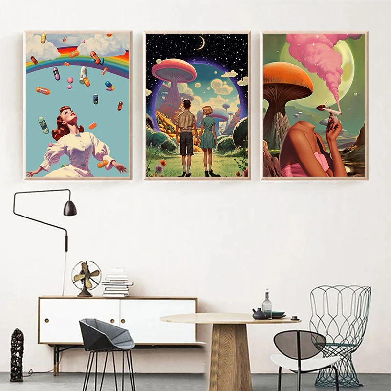 Retro Surrealism Space UFO Mushroom Psychedelic Trippy Weed Poster Canvas Painting Wall Art Pictures Home Room Decor