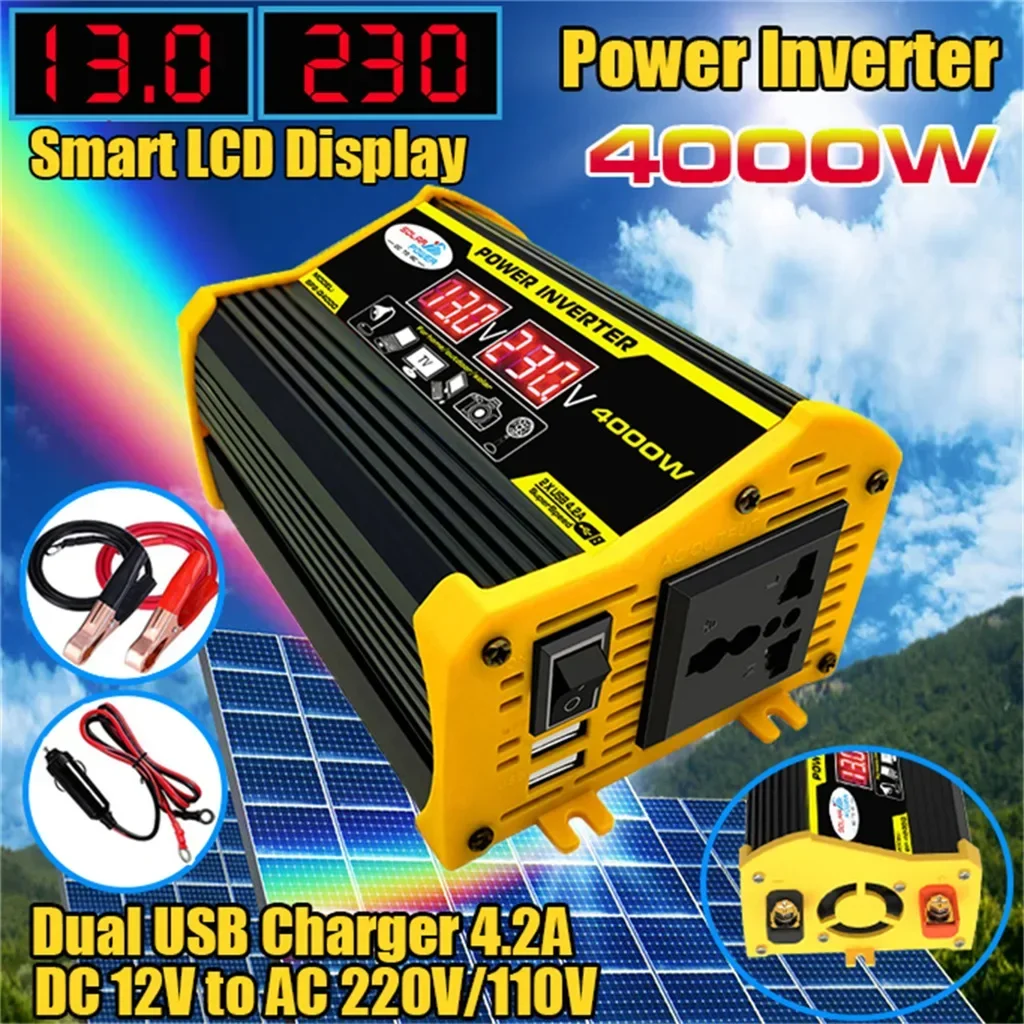 Peak 4000W 12V 220V/110V Car Power Inverter LED AC Converter Charger Adapter Inversor Dual USBTransformer Modified SineWave