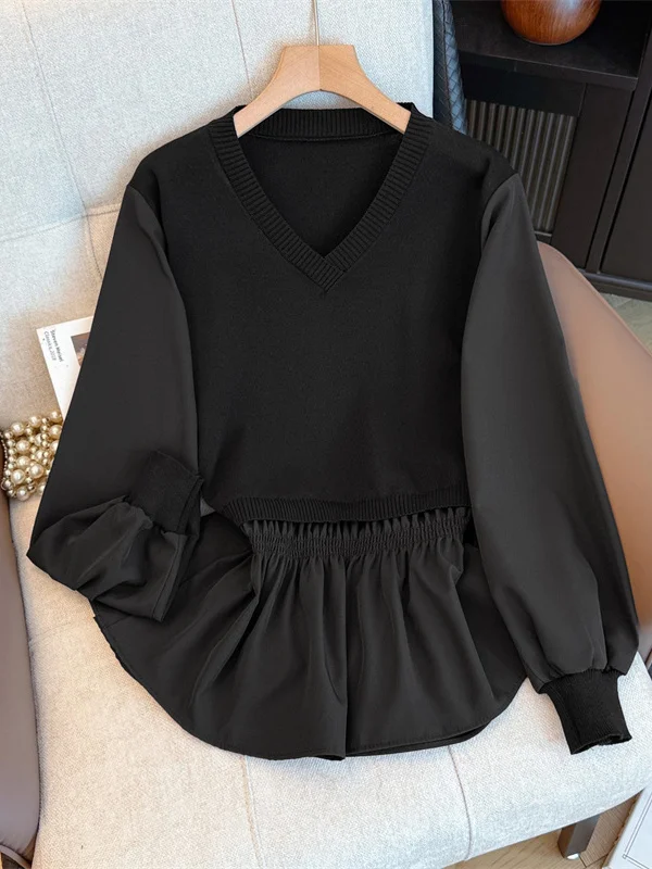 

Slimming V-Ne Long Sve irt Women's plus Size Casual Sle Waist-Cinching Patchwork Top Early Spring Faion