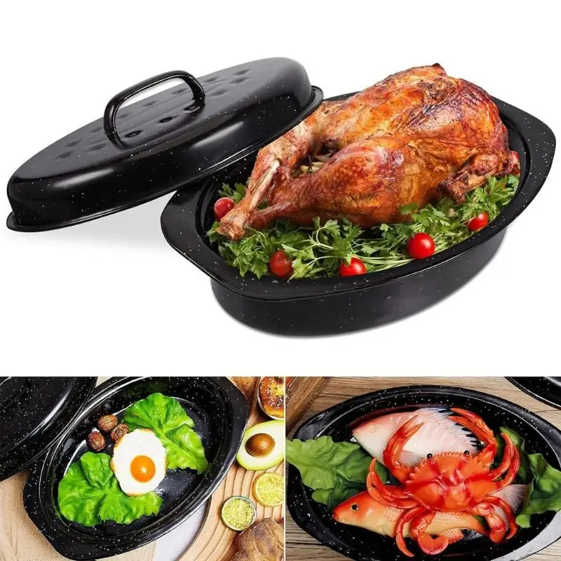 H8WB Spacious Enameled Roasting Pan Holds Juices Keep Tender And Delicious