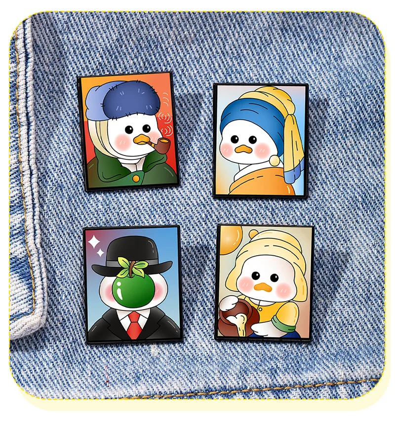 Set de pintura al óleo de 4 piezas: linda chica de pintura al óleo, pato, ropa, sombrero, mochila, broche, insignia, accesorios, regalos