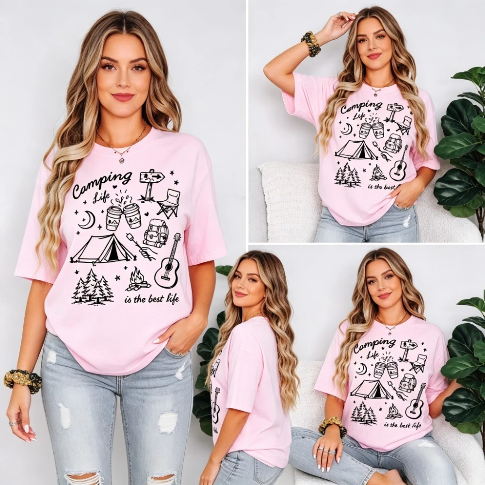 Camping Life Shirt Camping Tees Women Outdoor Adventure Campfire O-neck Design Shirt Hiking Clothes Nature Lover Gift