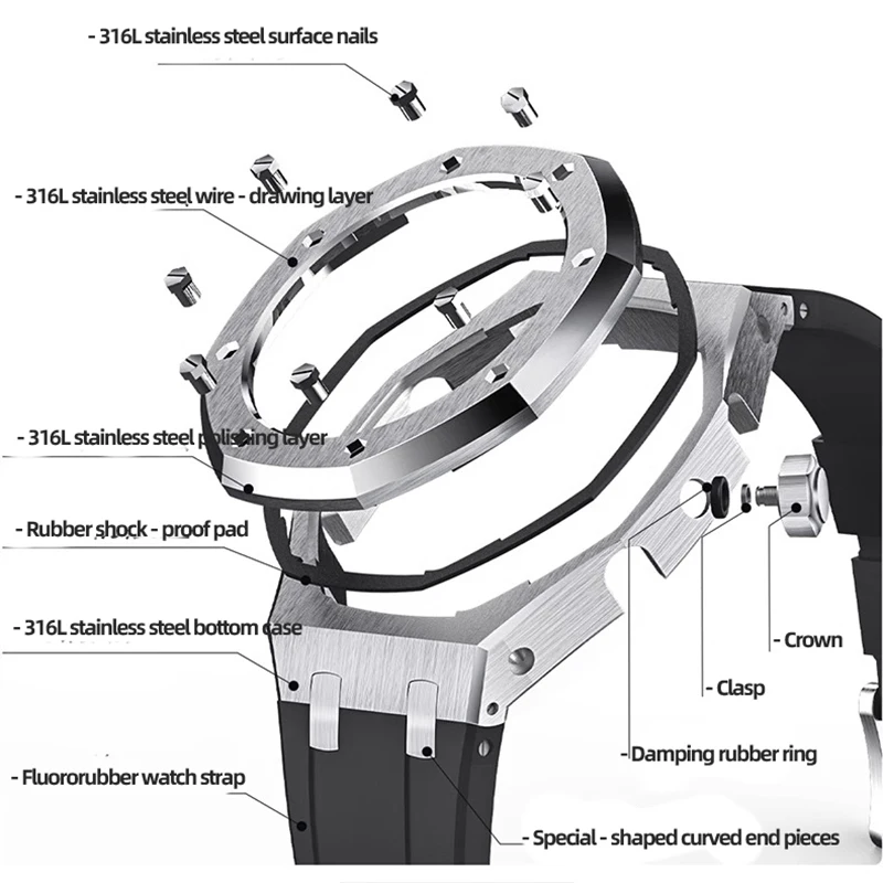 Mod kit For Casio GMA-S2100 Modified Accessories Fluororubber Strap Brushed Steel Case send Tempered film