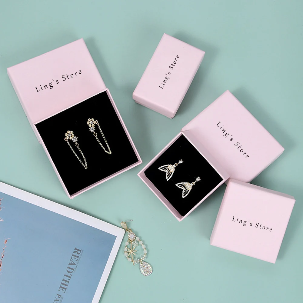 

50Pcs Personalized Logo Jewelry Kraft Box 5x5cm 5x8cm 7x7cm 7x9cm 9x9cm Luxury Earrings Ring Stud Bracelet Pendant Organizer Box