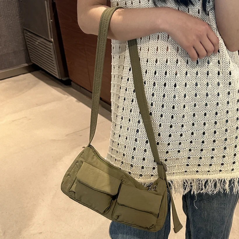 

Casual Shoulder Bags For Women Solid Color Waterproof Nylon Crossbody Bag Multi-pockets Underarm Bag Zipper Simple Messenger Bag