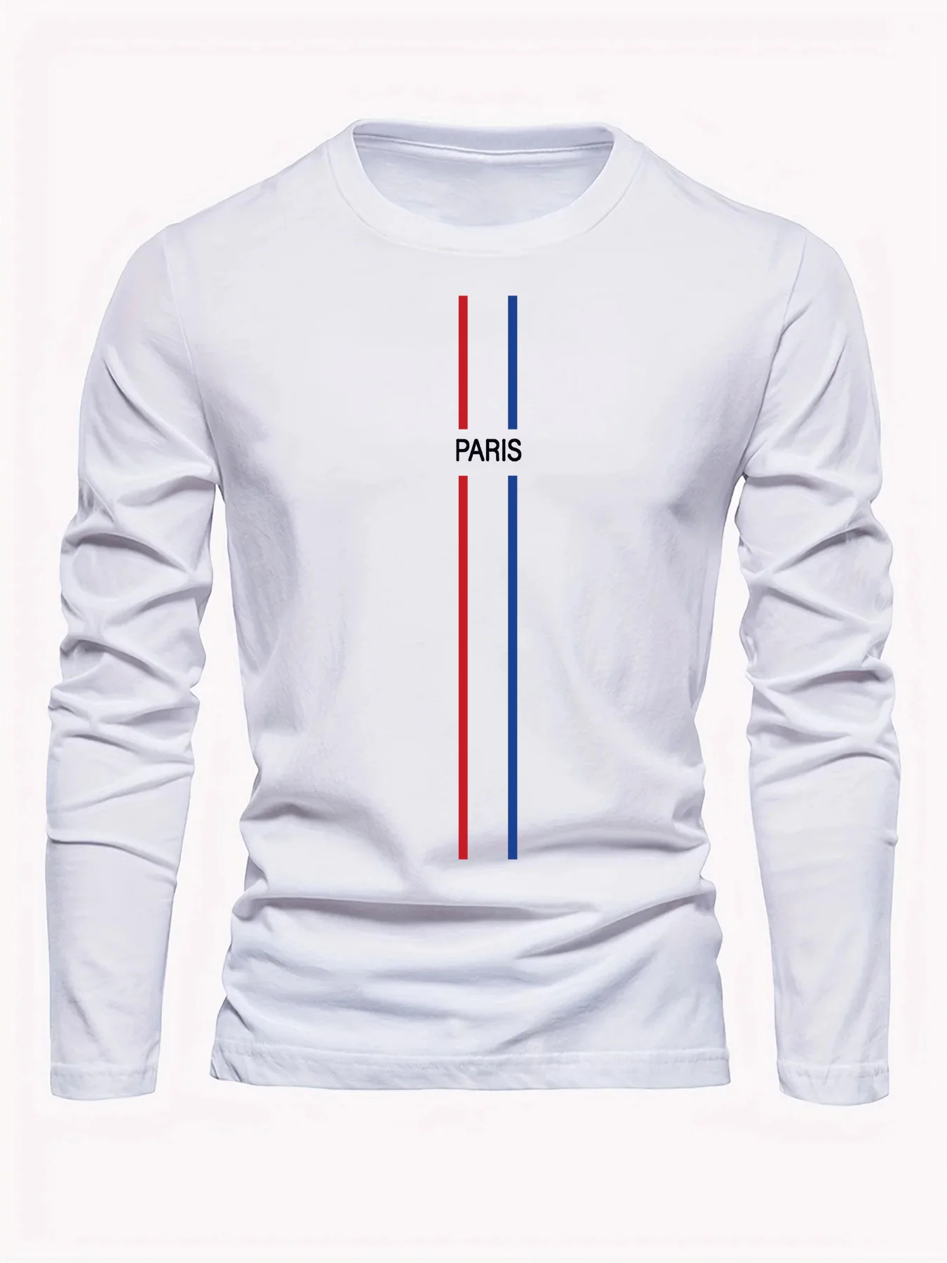 Męska koszulka z długim rękawem, okrągły dekolt, luźny krój, wzór Paryża, nadruk, uniwersalna, na wiosnę i jesień, wykonana w 100% z czystej bawełny.