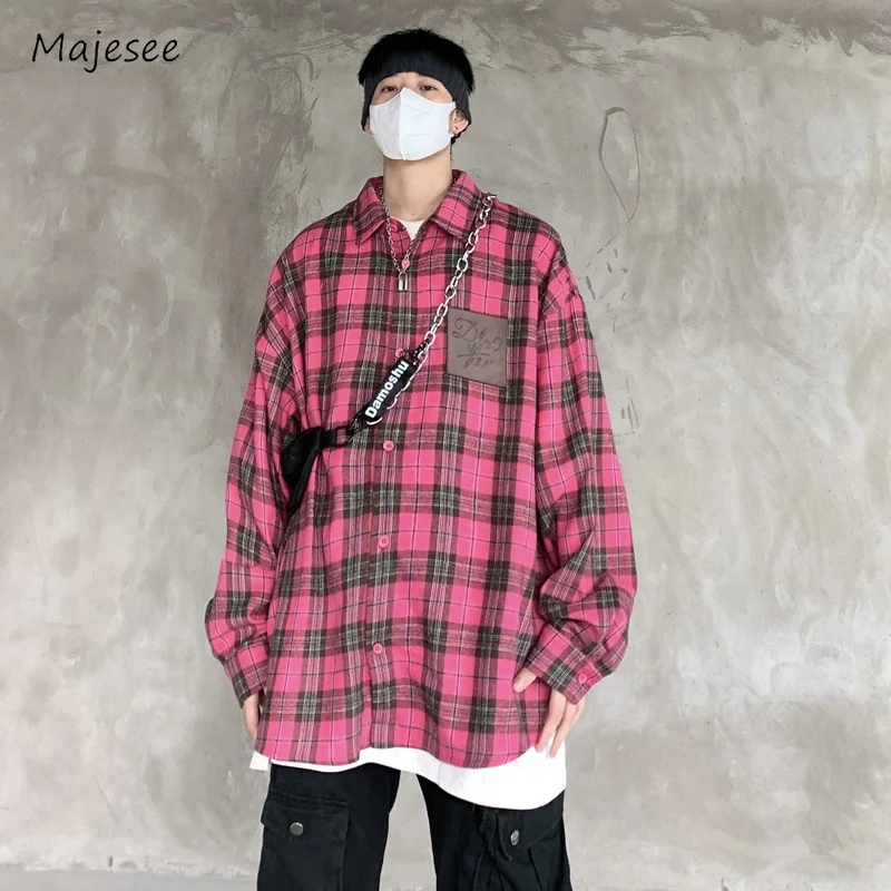 

Casual Shirts Men Long Sleeve Loose Daily Spring Plaid Oversize High Street American Style Teenagers All-match Advanced Fashion