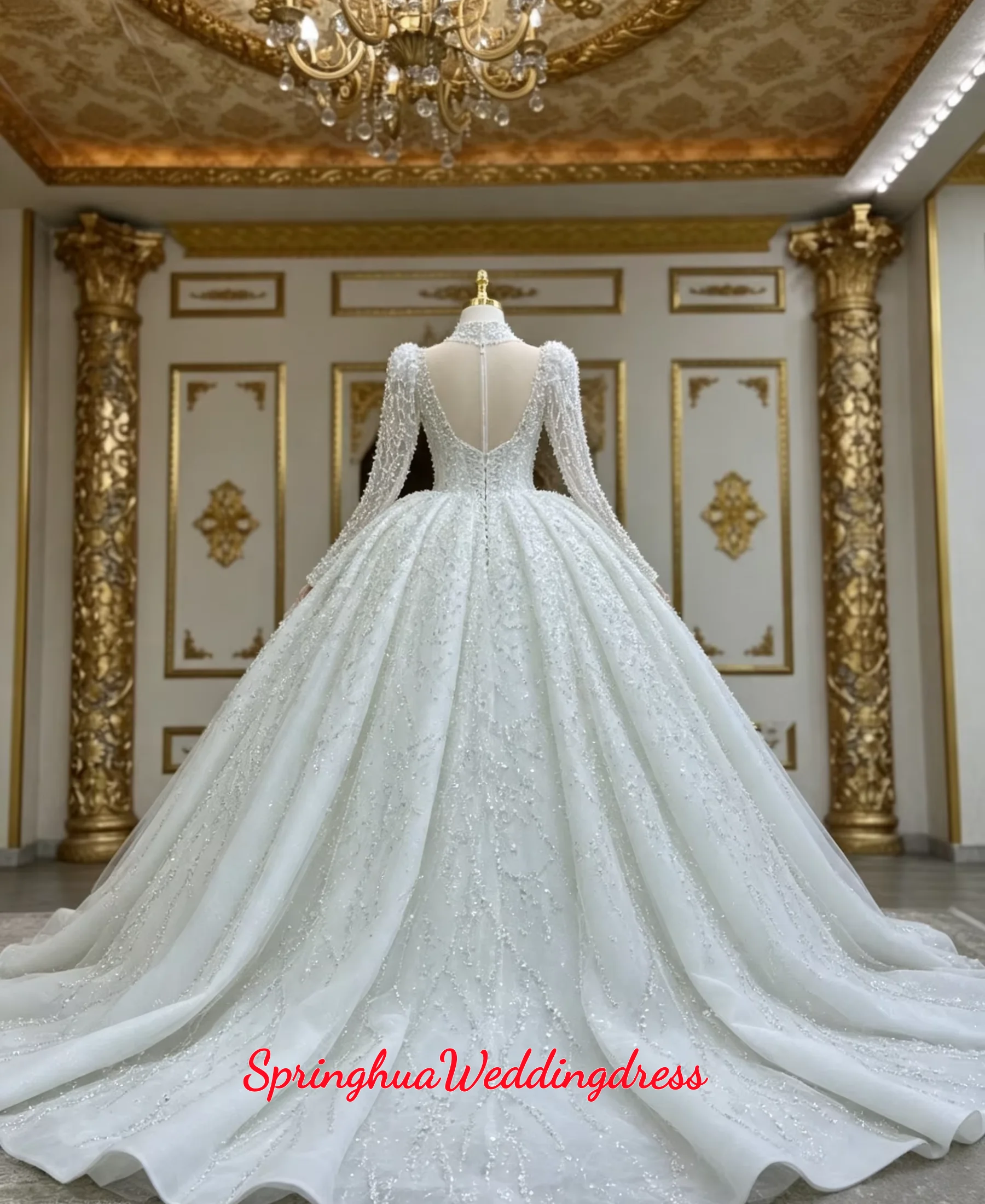 Customized Luxury New Arrival Full Beaded Long Sleeve Ball Gown WeddingDress Sparkly Glitter Tulle Court Train Vestidos De Novia