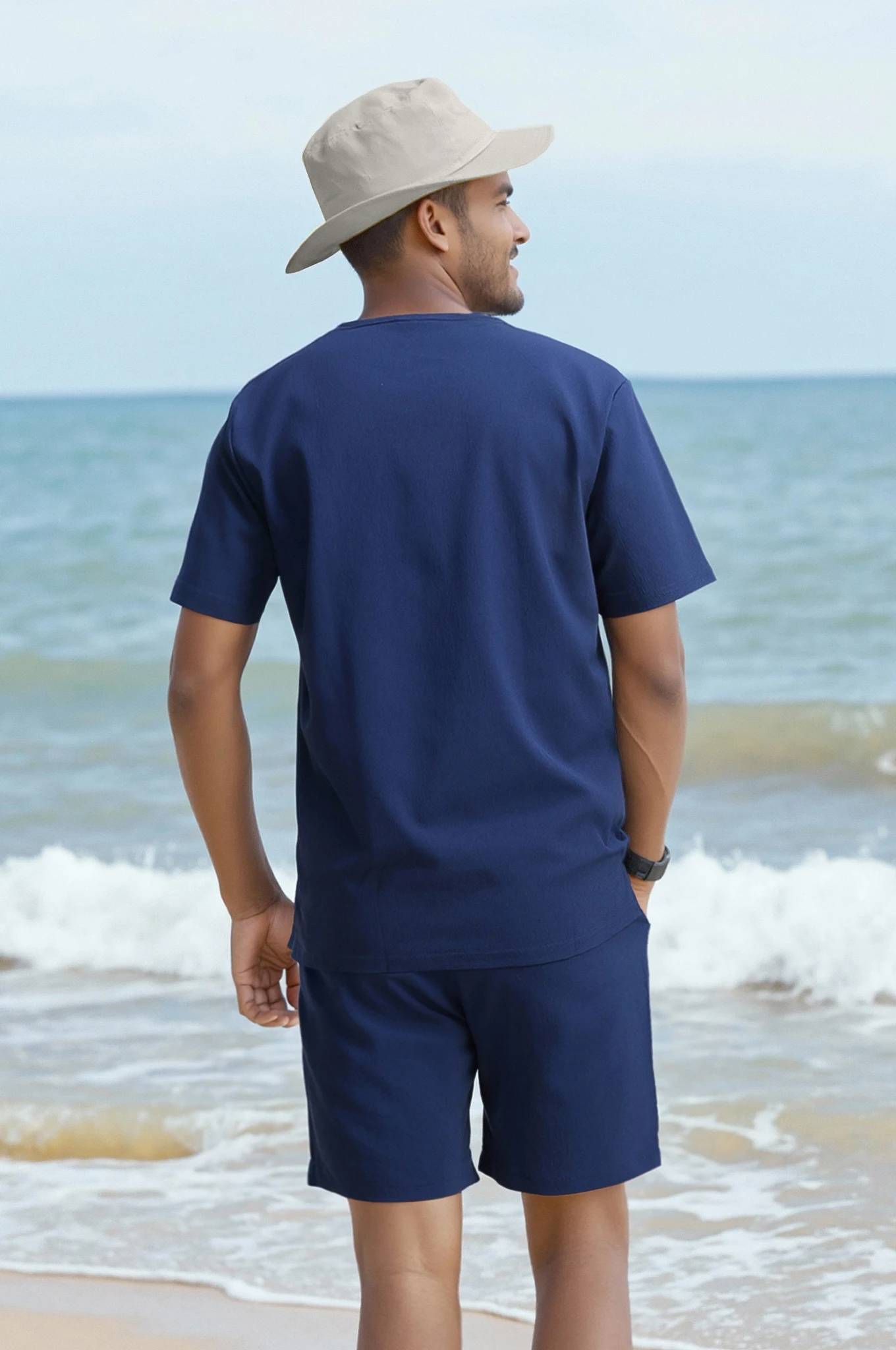 New men's short sleeve suit casual solid color double pocket suit daily beach short sleeve suit