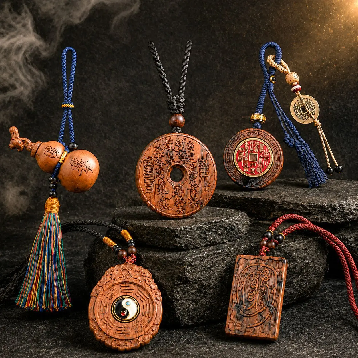 Hand Carved Chinese Style Thunder Struck Wood Lucky Amulet Shan Gui Coin Peace Buckle Bagua Fortune Gourd Pendant Blessing Wealt