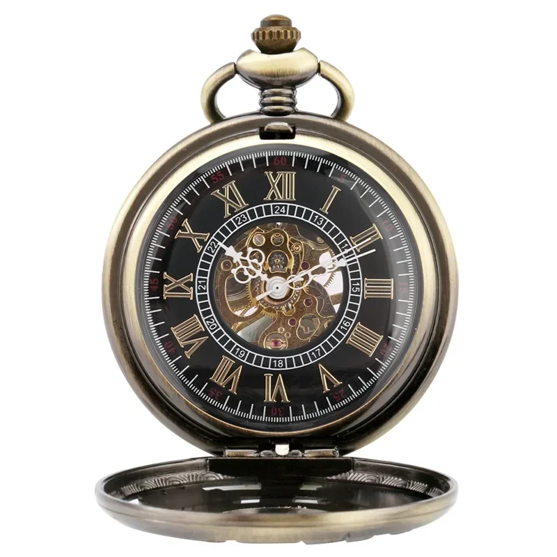 Antique Clock Roman Number Dial Men Women Handwind Mechanical Pocket Watch FOB Pendant  Chain Hollow Out Numeral Case Clock Gift