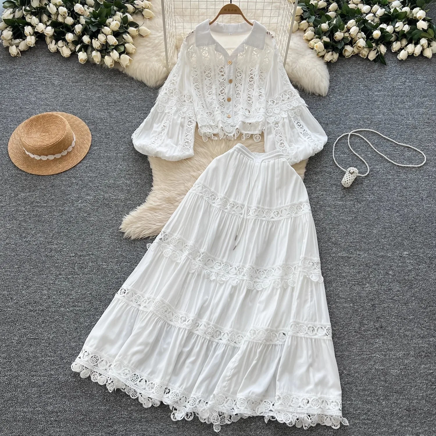 Elegant Hollow Out Maxi Dress 2 Piece Sets Women Big Size Lantern Sleeve Embroidery Shirts + Long Skirts Suits Luxury Outfits