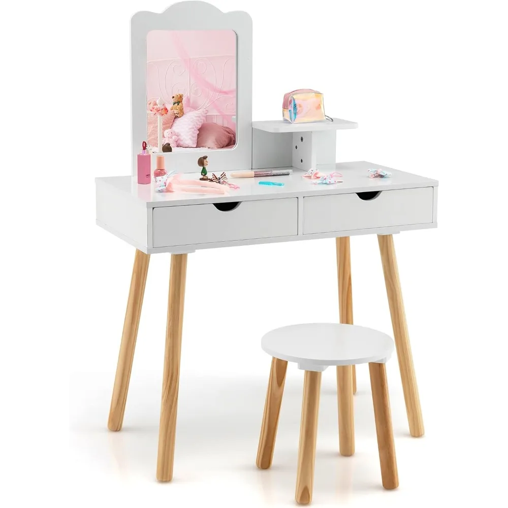 White Vanity Desk with Mirror Light and Charging Station, Makeup Vanity with 4 Drawers Lots Storage