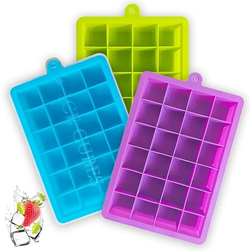 24 Grid Silicone Ice Mold Big Square Ice Tray Mold Durable Food Grade Silicone Ice Cube Tray Ice Cube Maker with Lid