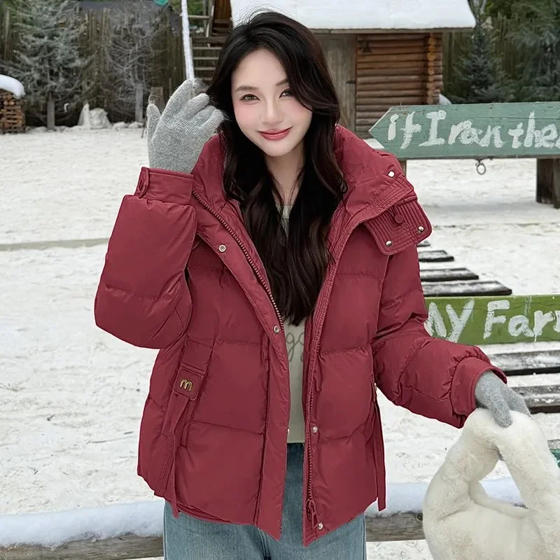 ファッションダウンコート女性パーカー 2025 冬の新ショート暖かい綿入りジャケット厚みのある韓国アウターフード付き女性上着トップ