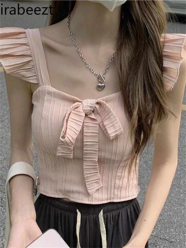 Irabeezt French Fashion Vest Top Women 2022 New Summer Ladies Short Sleeve Square Neck Bow Camisole Elegant High Street Trend