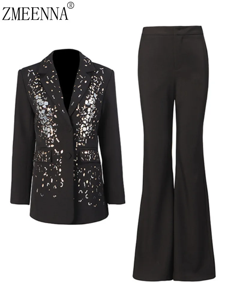 

ZMEENNA Women's Black Business Suit Set With Metallic Applique Blazer And Flared Leg Pants Two Piece Work Attire ZM3935