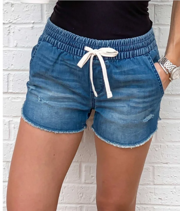 Pantalones vaqueros cortos rasgados para mujer, Shorts de cintura media con cordones, informales, con cintura elástica, Estilo Vintage, 2023